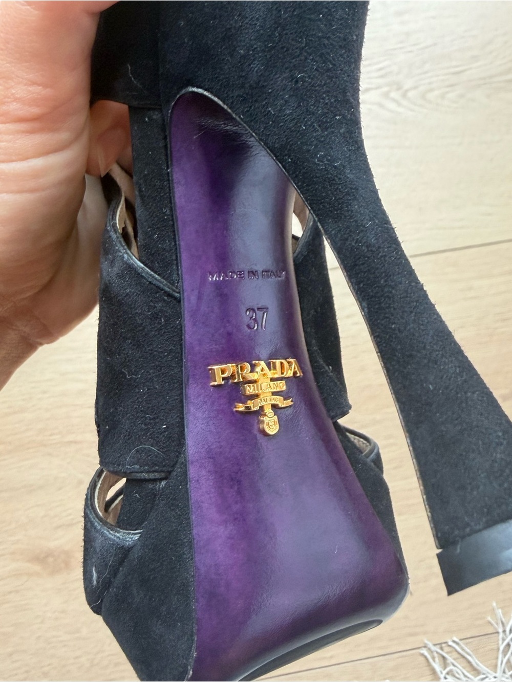 Prada Black Suede Cutout Platform Peep Toe Heels Size 37 - Picture 8 of 8